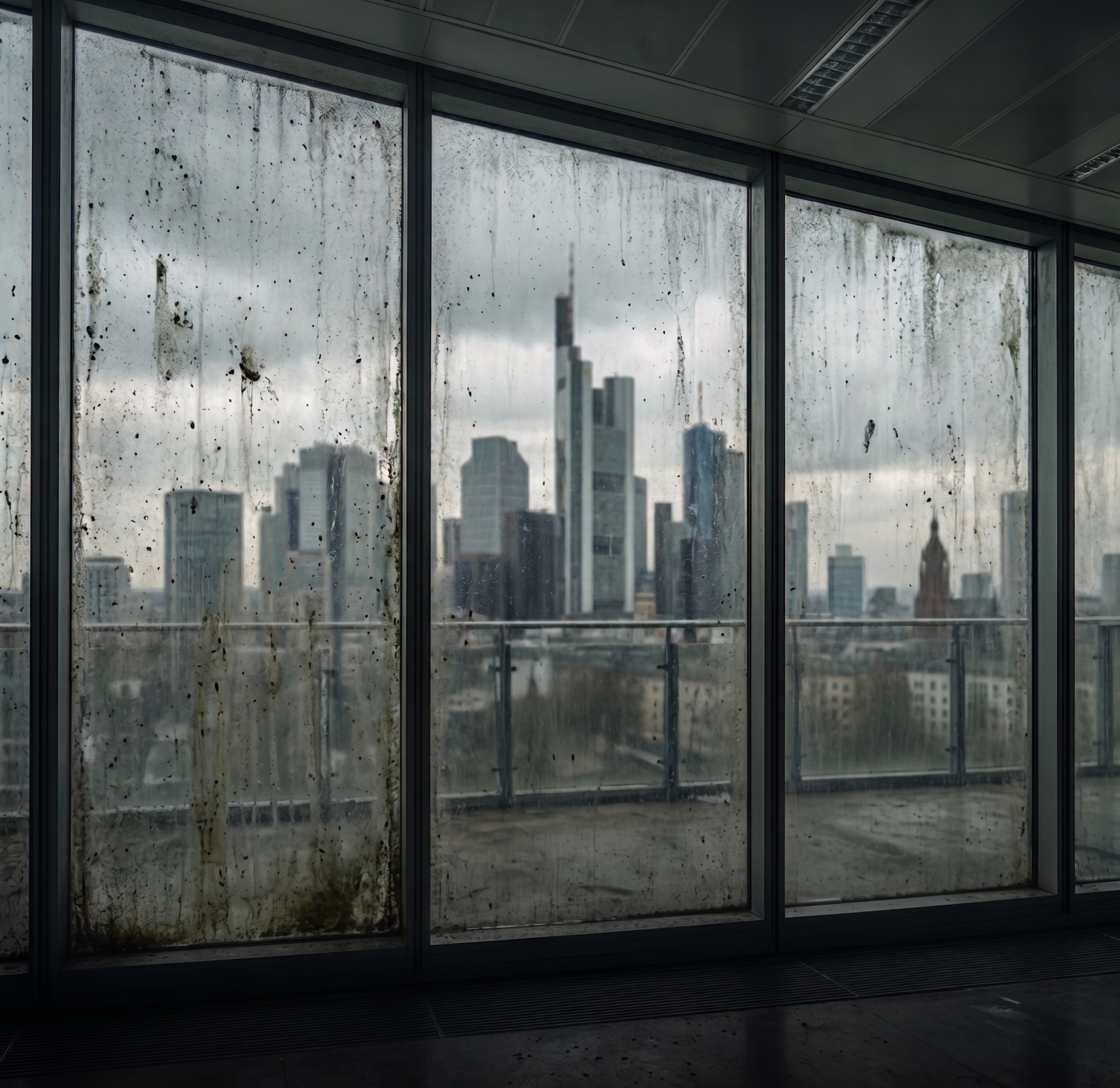 Verschmutzte Fensterfront vor der Reinigung